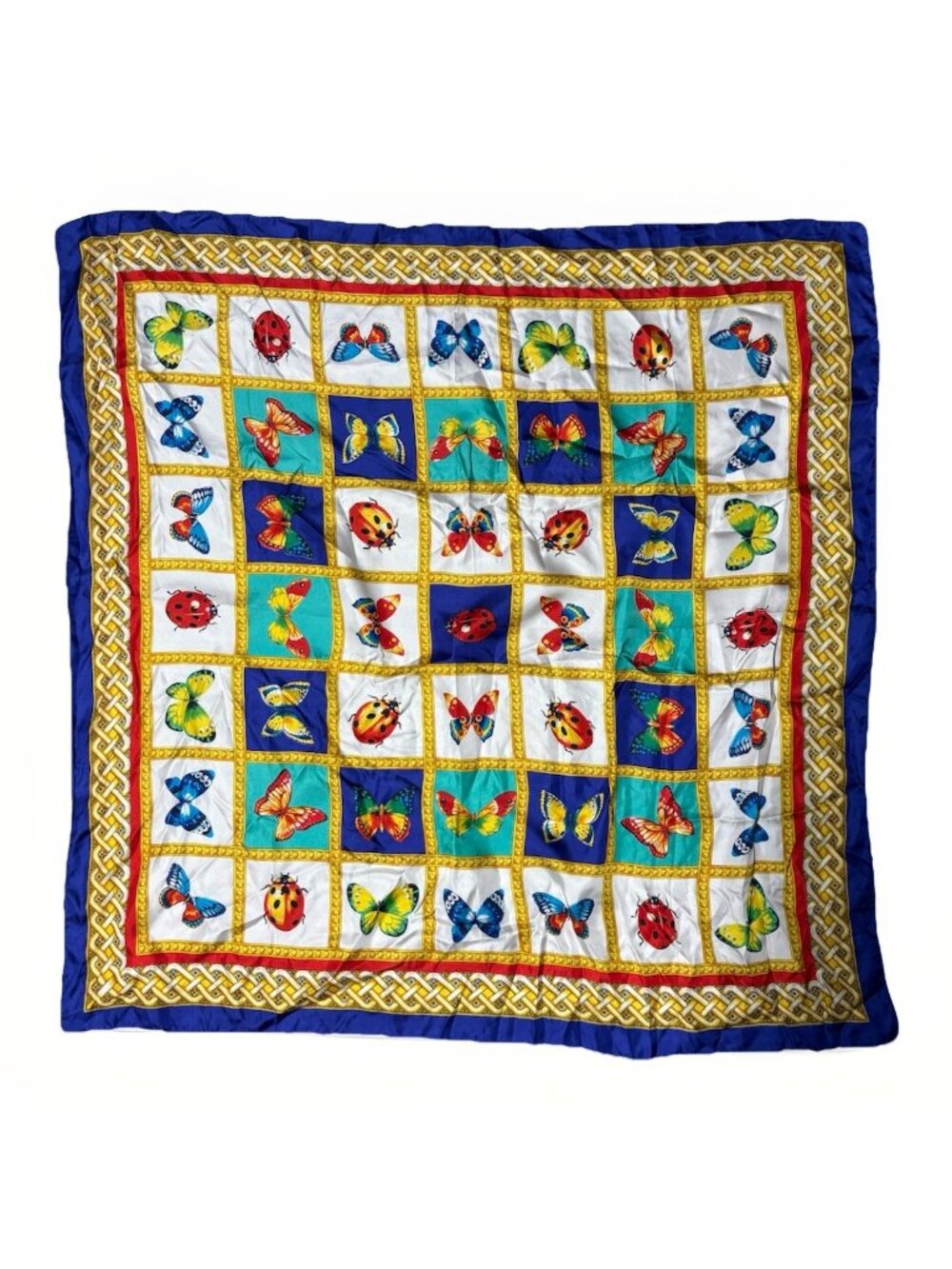 Vintage Blue Butterfly Ladybug  Square Large Silk Scarf Made In Italy 34”